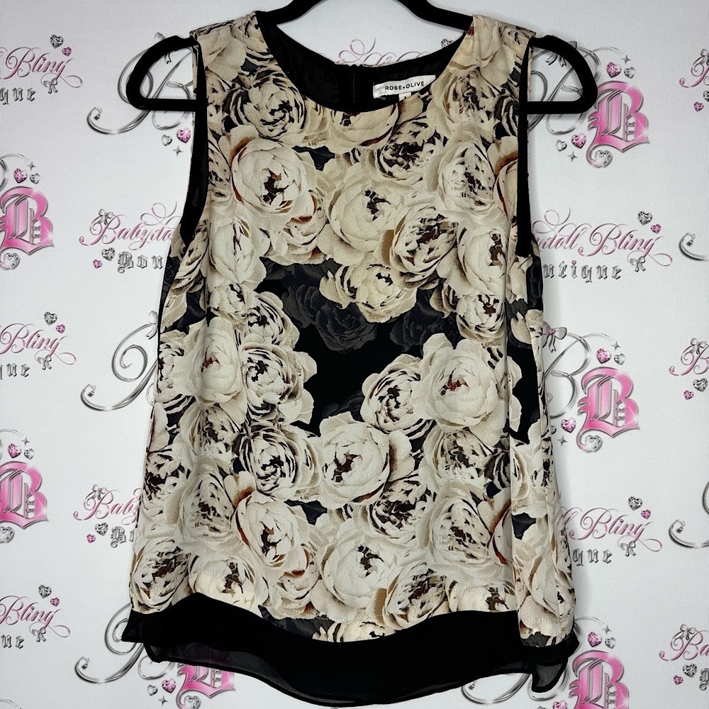 Rose + Olive tank top blouse roses cream Floral Sleeveless Top - Beige and Black